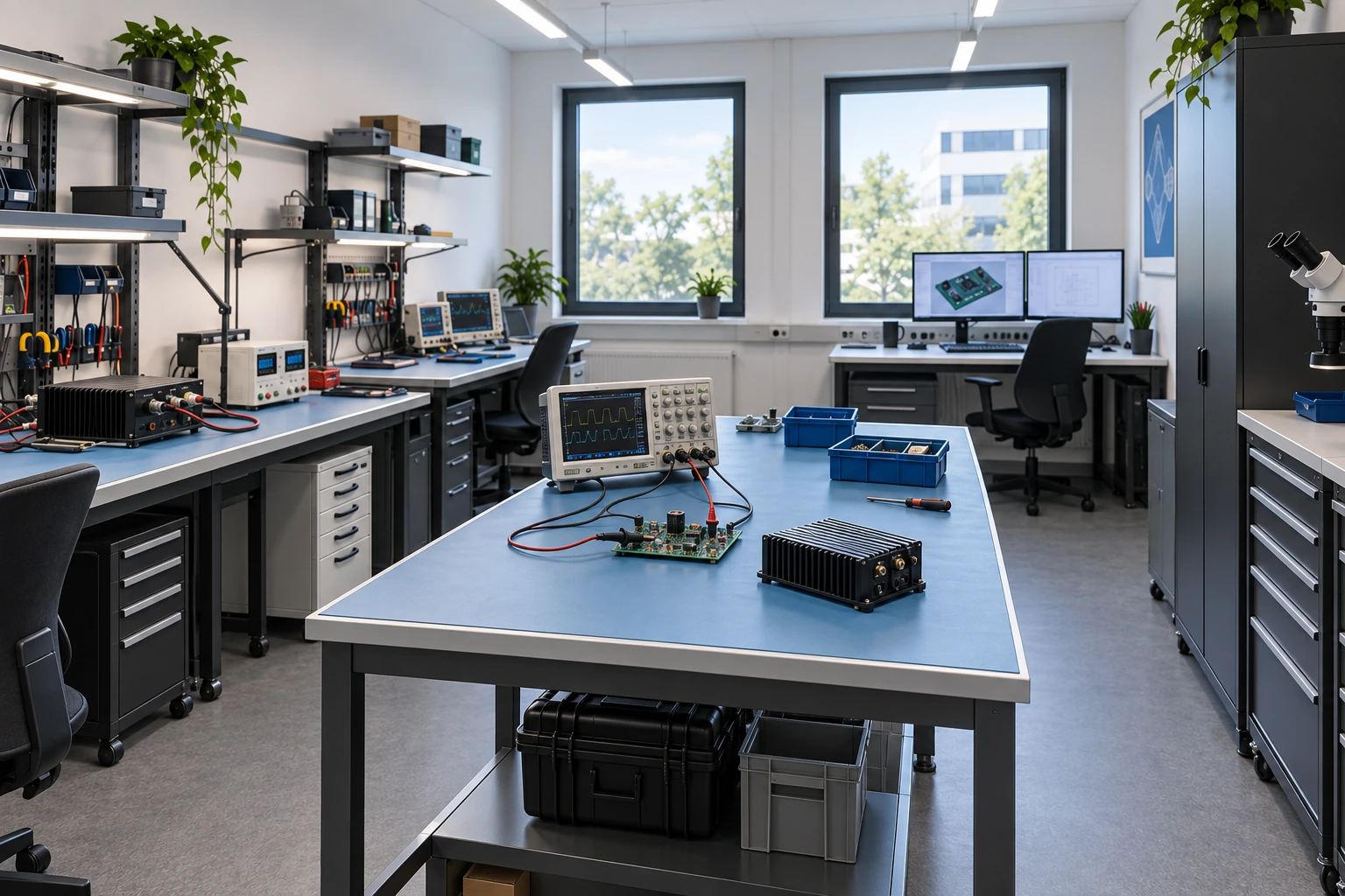 Second concept view of the same compact laboratory, showing the prototype and test workbenches